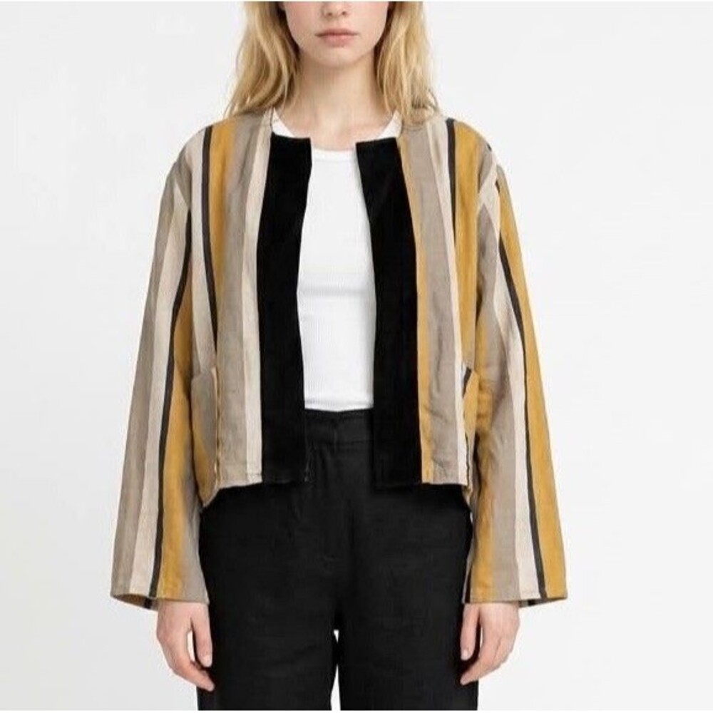 LES PRAIRIES DE PARIS Collarless Women’s Stripe Jacket Linen Size 6